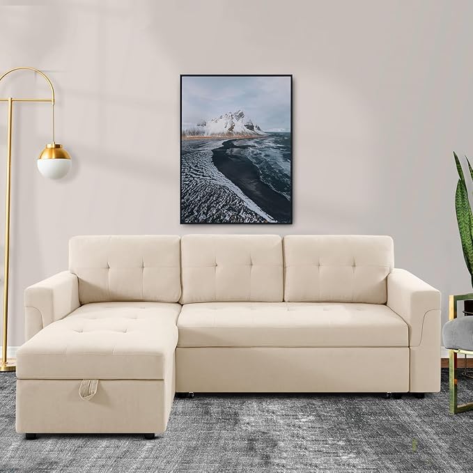 Naomi Home 85 in. Convertible Sofa with Storage Reversible L Shape Sofa Couch with Chaise Comfy Couches for Living Room Beige/Velvet