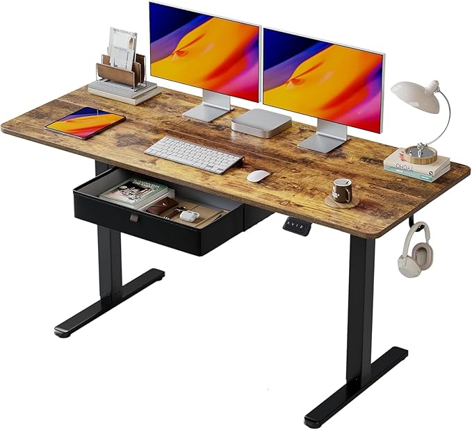 BANTI 55x24 Inches Electric Standing Desk with Drawer Adjustable Height Sit Stand Desk Stand Up Home Office Desk Ergonomic Computer Desk Rustic Brown