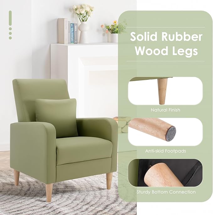 COLAMY Faux Leather Accent Living Room Chairs Set of 2 Upholstered Arm Chair Reading Side Chair Single Sofa with Back Pillow and Wood Legs L-Green