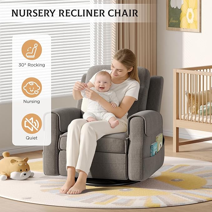 Maupvit Faux Shearling Recliner Chair - 360° Swivel Rocker with Adjustable Footrest and Backrest Plush Upholstered Single Sofa for Small Spaces for Living Room/Nursery/Home Theater (Grey)