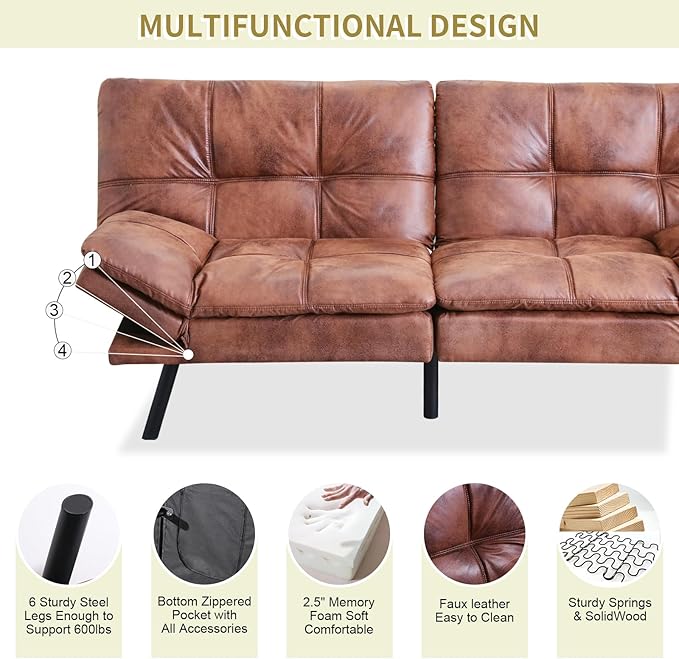 MUUEGM Convertible Futon Sofa Bed Memory Foam Futons Couch Bed 71 Adjustable Backrests and Armrests Sleeper Sofa Modern Love Seat Couch Bed for Living Room Small Space Office Dark Brown