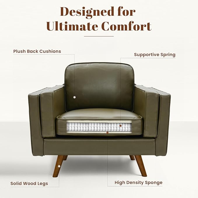 Kingfun Modern Accent Chair Living Room Chairs Faux Leather Reading Armchair Mid Century with Dual-Layer Armrests Solid Wood Frame Easy Assembly for Small Spaces Olive Green