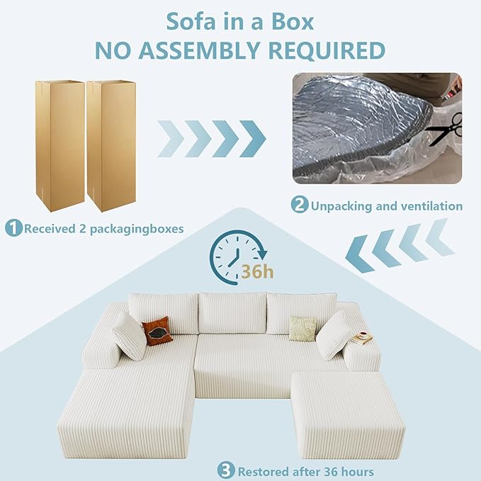 96 W Cloud Sectional Couch with OttomanModern U-Shaped Cloud Couch with Deep SeatComfy Corduroy 3-Seater SofaMemory Foam Sofa for Living RoomNo Assembly (WhiteLeft-Facing Chaise)