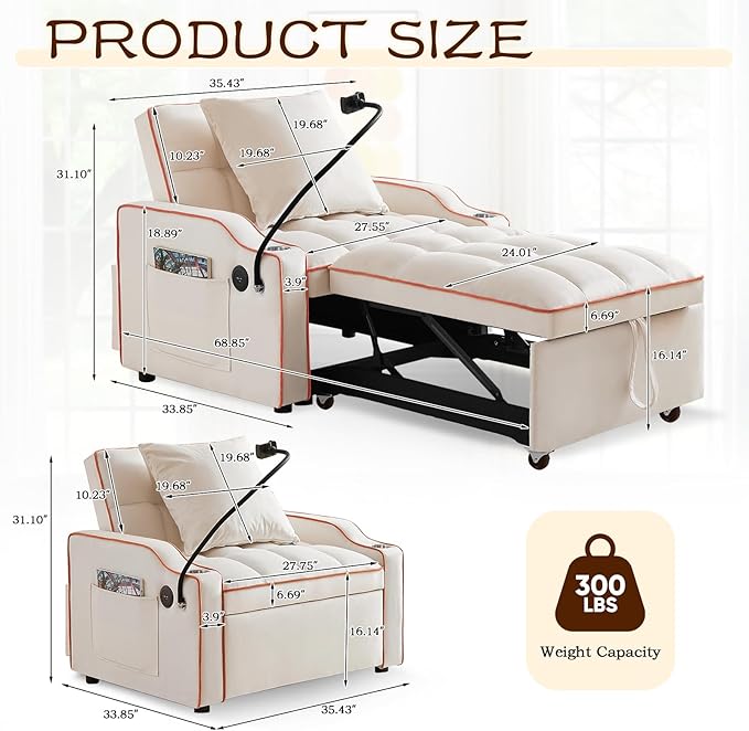 KINFFICT Sleeper Sofa Chair Bed Convertible 3-in-1 Sofa Armchair Adjustable Sleeper Chairs with Pullout Bed Single Lounger Futon Chairs with Side Pockets for Living Room (Beige)