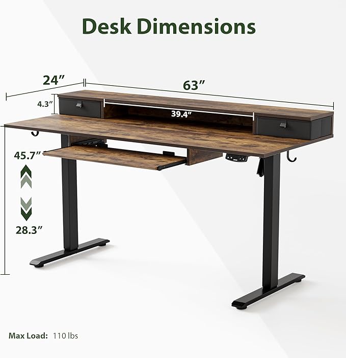 Agilestic Electric Standing Desk with 2 Drawers and Keyboard Tray 63 x 24 Inches Ergonomic Adjustable Height Desk with Storage Sit Stand up Computer Workstation Rustic Brown