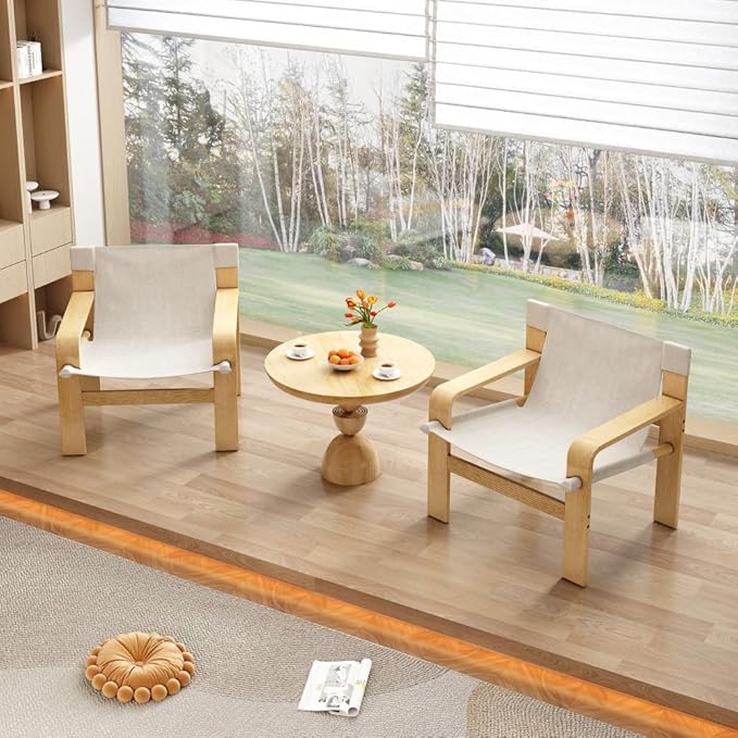 Detachable and Washable Oak Accent Chair Wide Armrest Mid-Century Lounge Chair Linen Fabric Armchair &amp Solid Wood Frame for Living Room Bedroom Balcony (White) (White + Wood+Fabric + Oak)