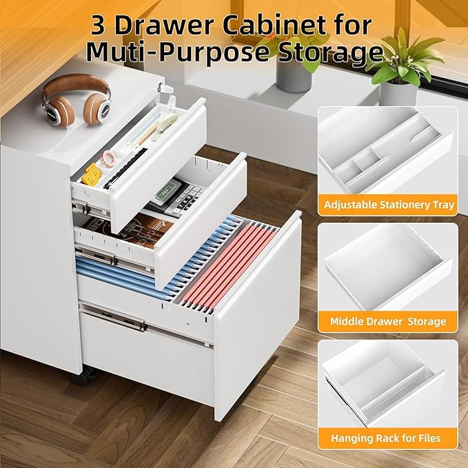 3 Drawer Mobile File Cabinet Metal Rolling Filing Cabinet with Lock for Home Office Under Desk Small Cabinet with Wheels Fit Legal/Letter/A4 (White)