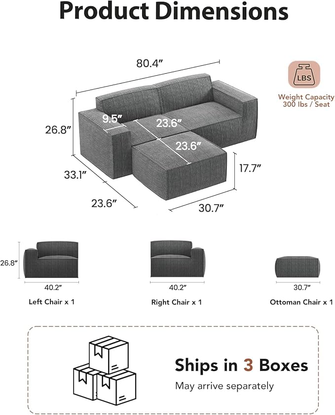 Amada 80 L Shaped Sofa Modular Corduroy Clopud Couches with Deep Seats &ampHigh-Back Upholstered Couches for Living Room Bedroom with Ottoman No Assembly Required(2-Seater&amp1 OttomanGrey)
