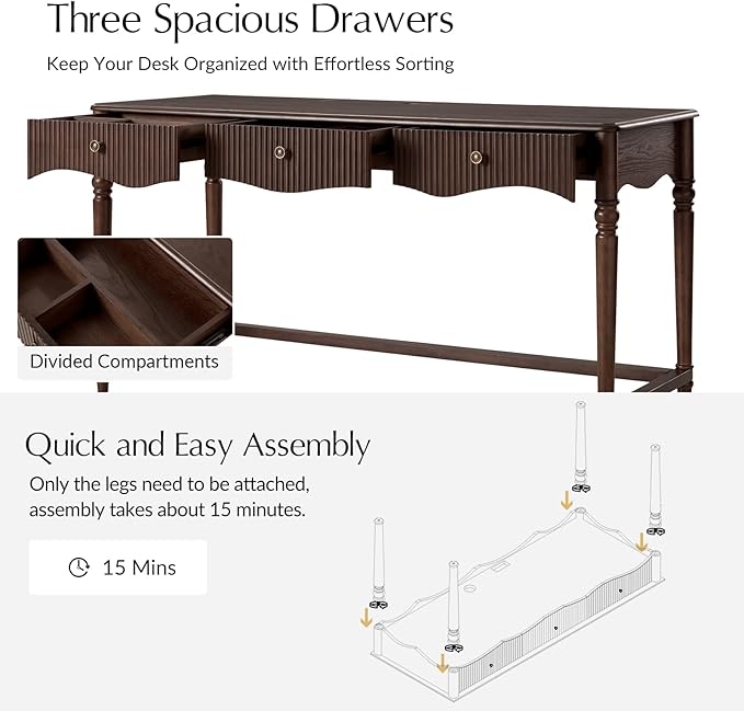 HULALA HOME 60 Fluted Executive Desk with Charging Station 3 Drawers Home Office Desk with Solid Wood Spindle Legs Wood Writing Desk with Storage Natural Wood Grain Texture Auburn
