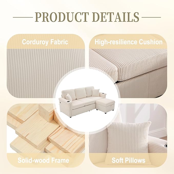 76'' Sectional Sofa Couches for Living Room 3 Seat L-Shaped Couch with Storage &amp Ottoman Corduroy Convertible Sofas with Chaise Apartment with USB Charging Cup Holder (Beige)