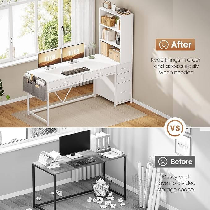 SEDETA Computer Desk with 5 Drawers and Bookshelf Reversible Home Office Desk with Storage Shelves and File Drawer Gaming Desk with LED Lights for Small Spaces White