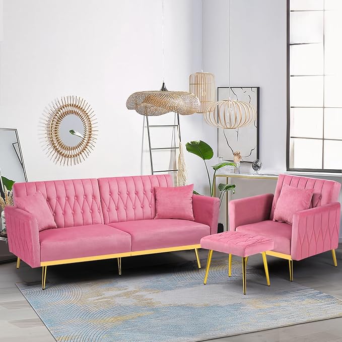 2 Pieces Velvet Sofa Set with Adjustable Armrest and Backrest 70” Convertible Futon Sofa Bed &amp Mordern Accent Chair with Ottoman for Living Room Bedroom Pink