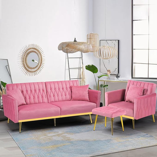 2 Pieces Velvet Sofa Set with Adjustable Armrest and Backrest 70” Convertible Futon Sofa Bed &amp Mordern Accent Chair with Ottoman for Living Room Bedroom Pink