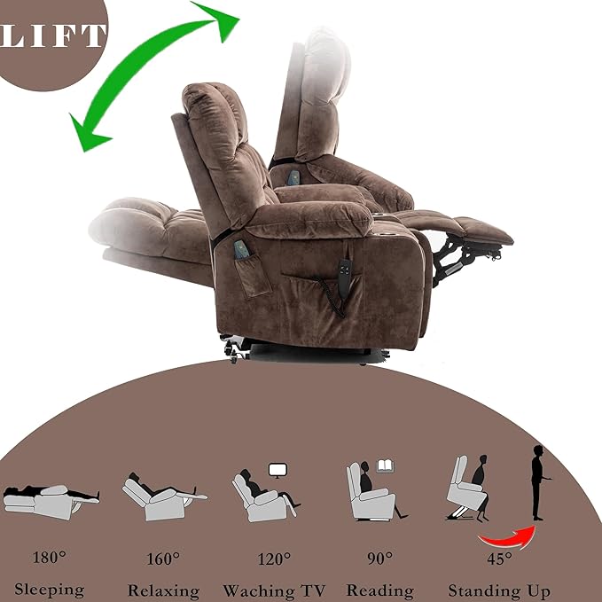 Large Power Lift Recliner Chair with Massage and Heat for ElderlyOverstuffed Wide ReclinersBreathable Leather with 2 Cup HoldersDual OKIN MotorRecline up to 180 Degrees