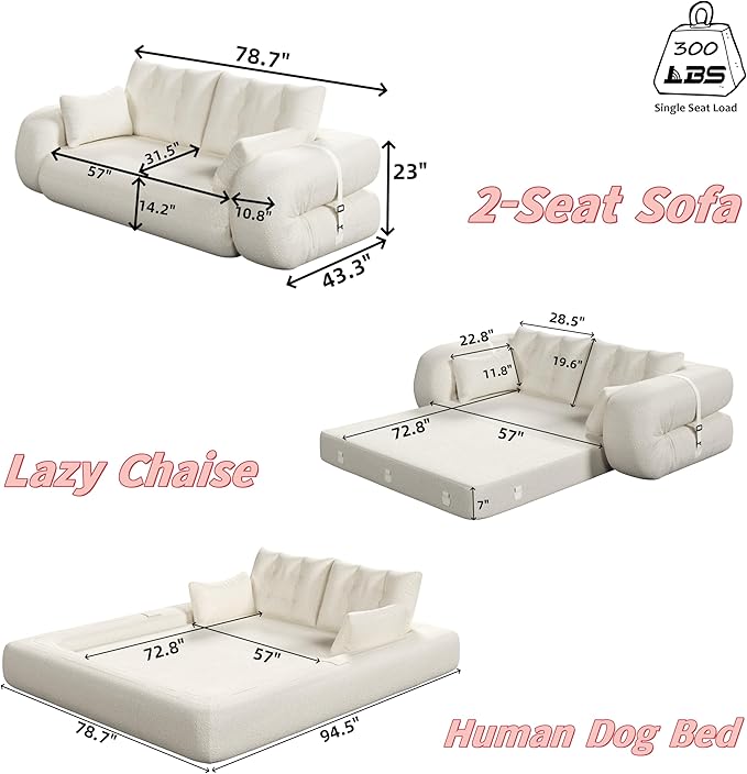 Polibi 78.7 Foldable Sleeper Sofa Bed - 3-in-1 Lazy Sofa Couch Human Dog Bed with Teddy Fabric &amp Foam Filling for Living Room Guest Playroom No Assembly Required (Green)