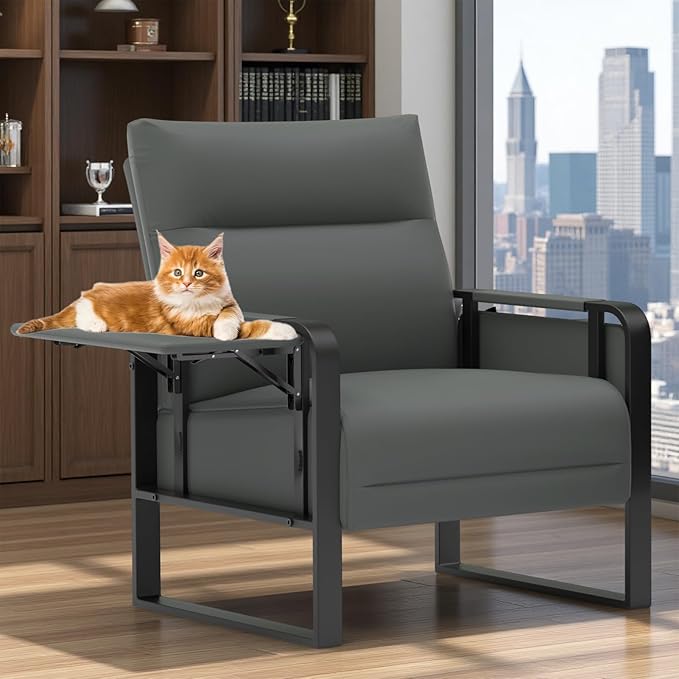 Faux Leather Accent Chair Upholstered Armchair with Side Tray &amp Pocket Comfy Reading Chair for Living Room Bedroom Guest Room Gray