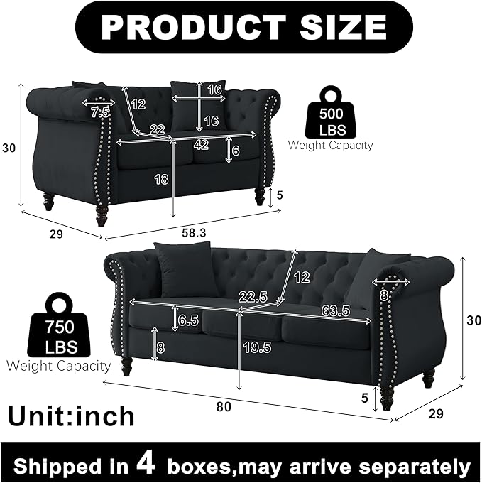 2 Piece Modern Black Velvet 80 3-Seater and 59 Loveseat Sofa Sets Chesterfield Tufted Combination Couch with 4 Pillows 8 Rolled Nailhead Arms Sofa for Living Room