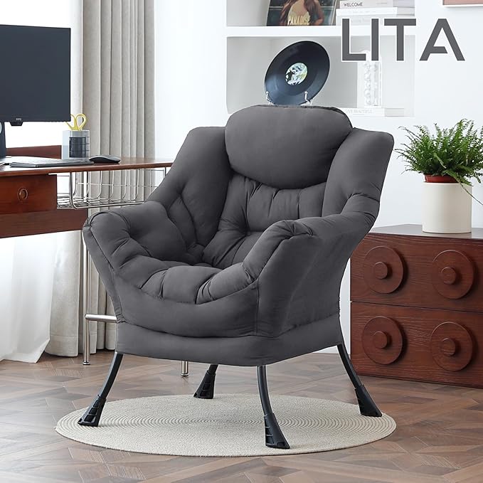 LITA Lazy Chair with Armrests and Side Pocket Modern Upholstered Accent Reading Chair for Living Room Bedroom Dorm Small Spaces Single Dark Grey