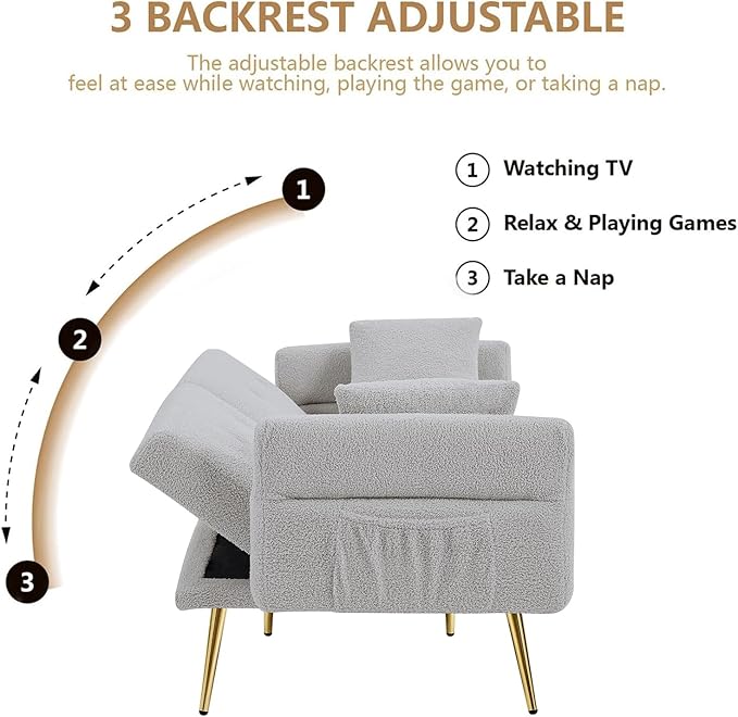 69.5 Grey Convertible Futon Sofa Bed with Adjustable Backrest and Armrests Teddy Upholstered Loveseat Sleeper Couch with 2 Pillows and Metal Legs Love Seat for Guest Room Living Room (Grey)