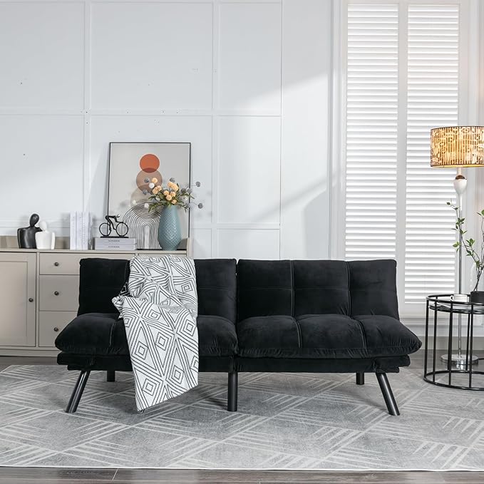 Anwick Futon Sofa Bed Velvet Convertible Futon Sleeper Couch 71 Sleeper Sofa Bed with Adjustable Backrest Modern Loveseat Couch for Compact Living Room Apartment Office (Black-New)