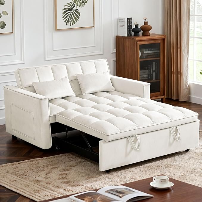 Convertible Sofa Bed Pull Out Couch with Side Pockets 3 in 1 Velvet Fabric Loveseat Sleeper Sofa Bed Pull Out Couch with Adjustable Backrest for Living Room Bedroom Apartment White