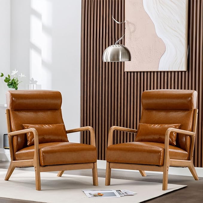 ANJ Mid Century Modern High Back Accent Chairs Set of 2 Single Lounge Armchair with Solid Wood Frame Comfy Reading Chair for Living Room Easy Assembly