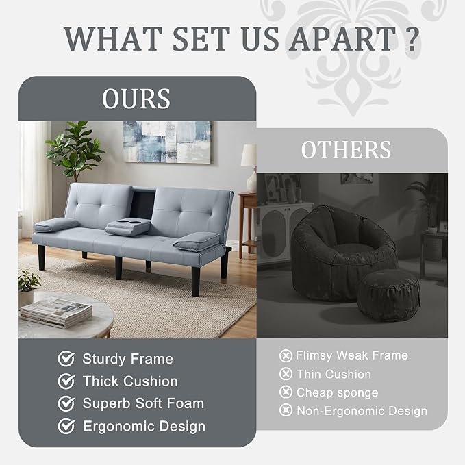 Futon Sofa Bed PU Leather Modern Convertible Futon Couch with Removable Armrests Cup Holders Loveseat Sleeper Sofa Bed for Living Room Apartment Small Spaces (Light Gray)