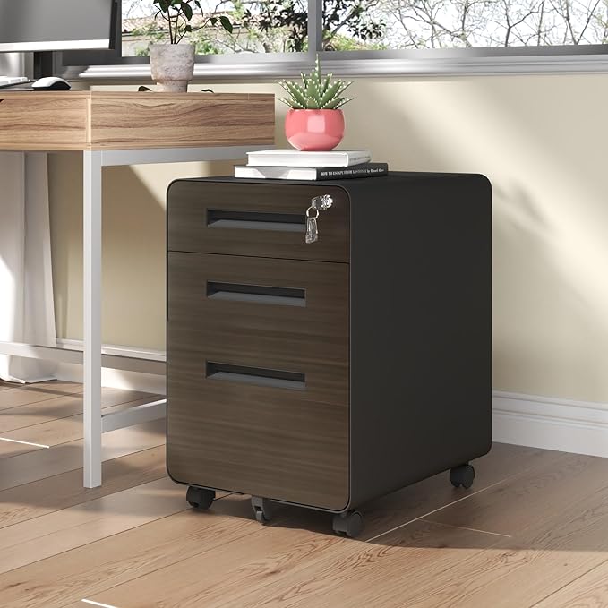 3-Drawer Mobile File Cabinet with Lock Black Small Under Desk Metal Rolling Filing Storage Cabinets with Casters for Home Office Fully Assembled Holds A4/Letter Files (Black+3-Drawer)