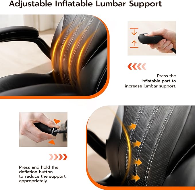 Office Desk Chair Ergonomic Computer Chair with Padded Flip-Up Arms and Adjustable Lumbar Support PU Leather Executive Chair with Tilt Lock and 360° Swivel Rolling Wheels for Work Study