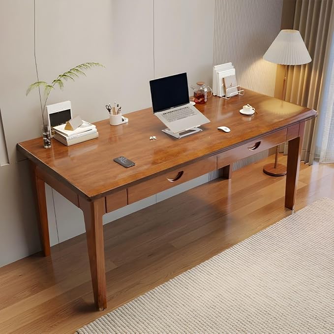 RUNNUP Modern Wood Writing Desk with 2 Drawers 55 Home Office Desk Simple Study Desk for Small Spaces Without Chairs Nut-Brown
