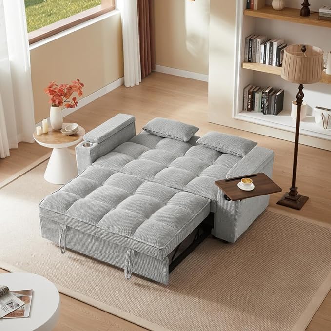  Large Size Convertible Sleeper Sofa BedPolka dot Velvet Pull Out Futon Couch with Storage handrails &amp Rotating Side TablesConvertible Sofa Couch for Living RoomRV (Light Gray)