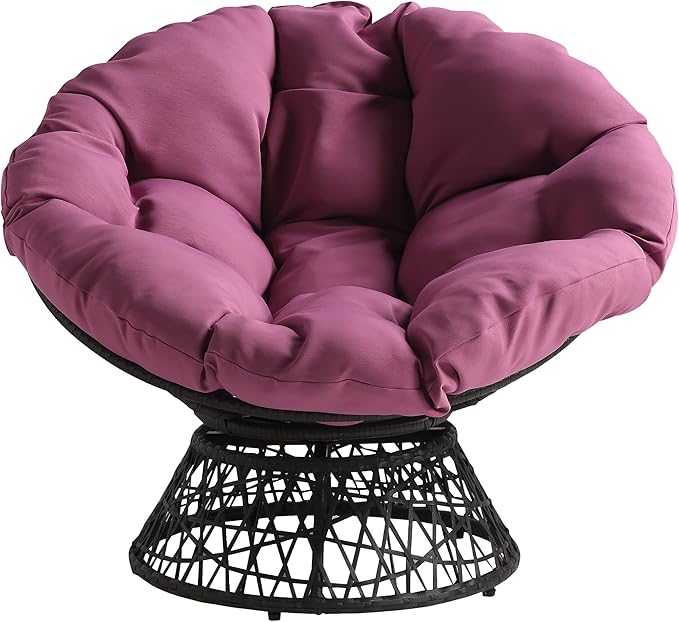OSP Home Furnishings Wicker Papasan Chair with 360-Degree Swivel Grey Frame with Purple Cushion