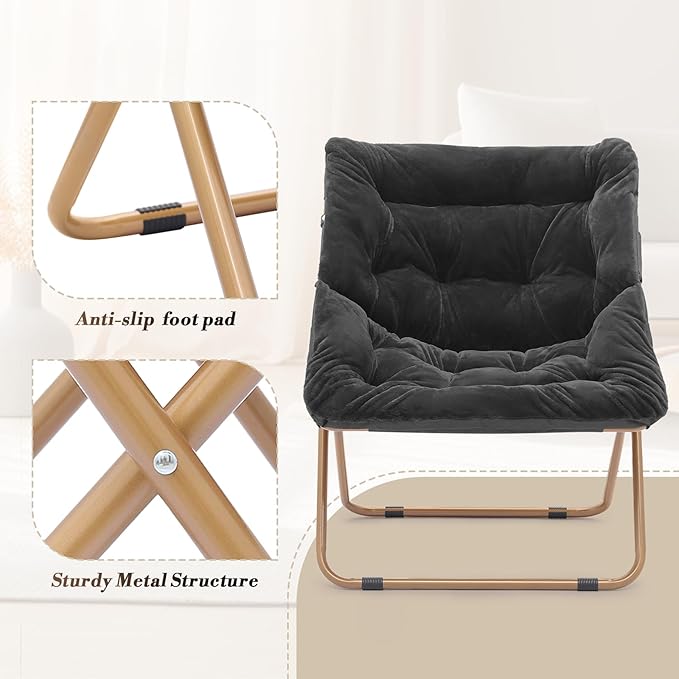 Athena Collection Comfy Saucer Chair and Ottoman Set for Adult Comfortable Faux Fur Square Oversize Folding Reading Chair with Metal Leg Lazy and Cozy for Bedroom Living Room Black