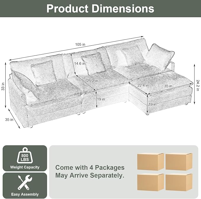 105 Modular Sectional Sofa Large L Shaped Sectionals Cloud Couch Big Comfy 3-Seat Couch with Ottoman 4 Seater Chenille Sectional Sofa with Deep Seat and 5 Pillows for Living Room- Green