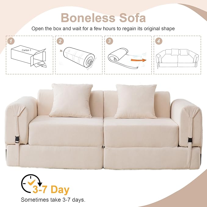Cloud Modular Sectional Sofa Foldable Floor Couch Bed Convertible Sleeper Sofa Bed Fold Out Boneless Couches for Living Room Office Guest Room Apartment (Loveseat Beige)