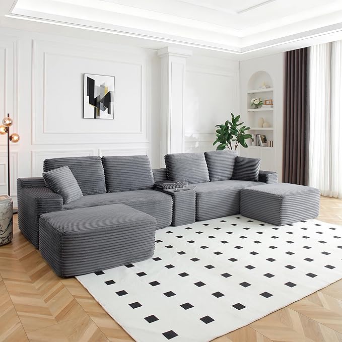 151 U-Shaped Sectional Couch 6-Seater Oversized Modular Sectional Sofa with USB Port &amp Storge Console Modern Corduroy Boneless Cloud Couch for Living Room No Assembly RequiredGray