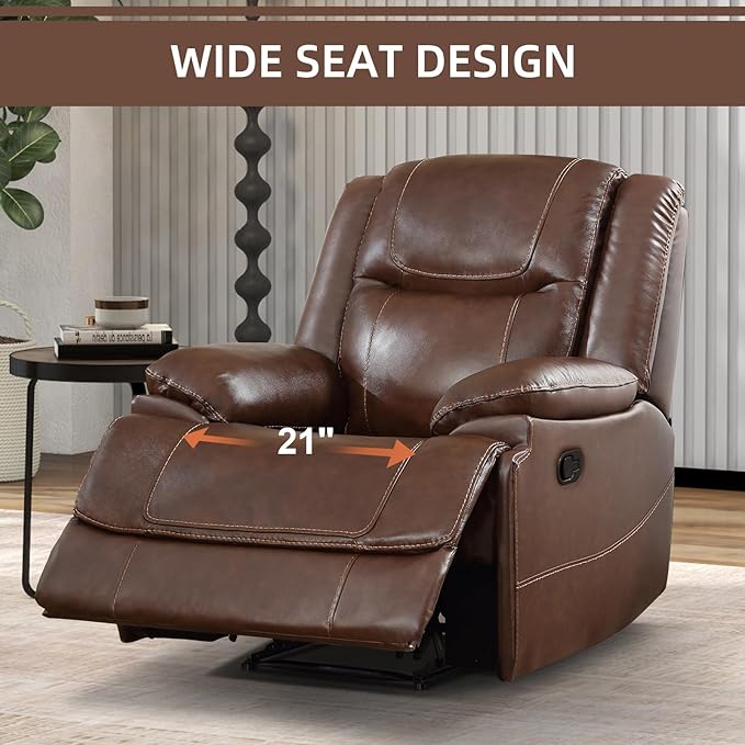 EBELLO Genuine Leather Recliner Manual Chair for Living Room 1 Seater Reclining Sofa Chair with Headrest and Armrest Modern Durable Home Furniture for Small Space Meeting Room Vintage Brown