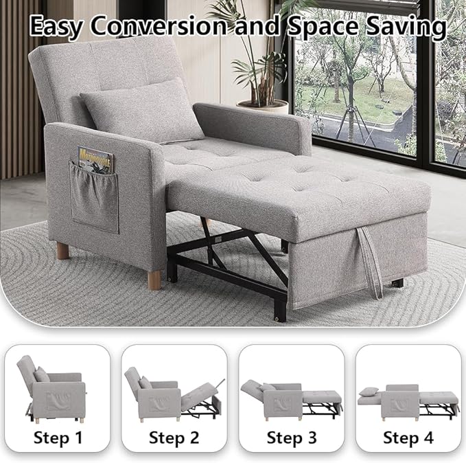 Sleeper ChairConvertible Sleeper Sofa ChairPull Out Sleeper Chair with Adjustable BackrestMulti-Functiona Lounge Chair for Living Room(Light Grey)