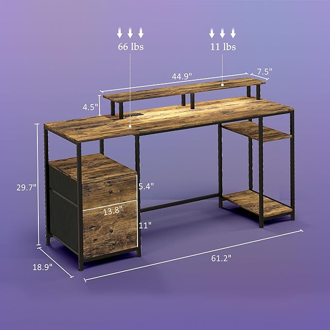 61 Computer Desk with LED Lights Power Outlets and USB Ports Gaming Desk with Storage Shelves Monitor Stand Fabric Drawers Remote for Home Office Study Rustic Brown