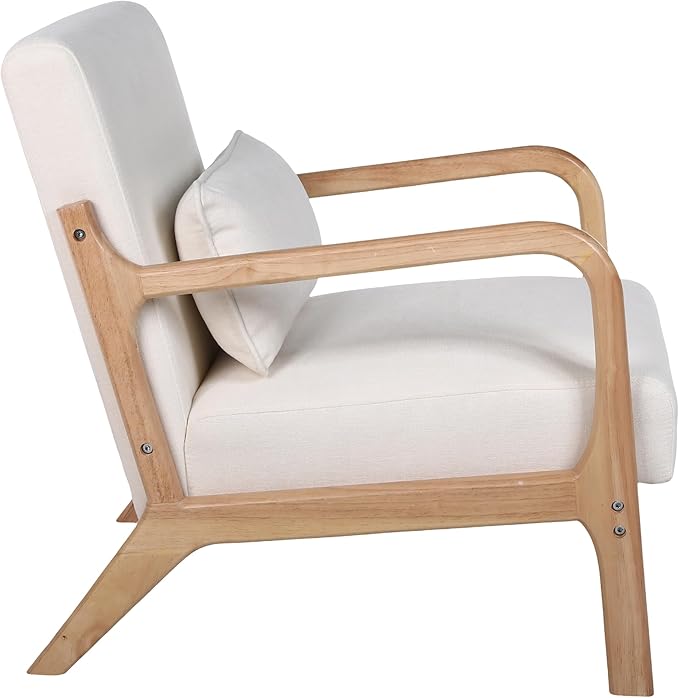 Mid Century Modern Accent Chair with ArmrestsSolid Wood Frame Cushioned Seat &amp Backrest Easy Assembly Ideal for Living Room Bedroom Office Oak Beige