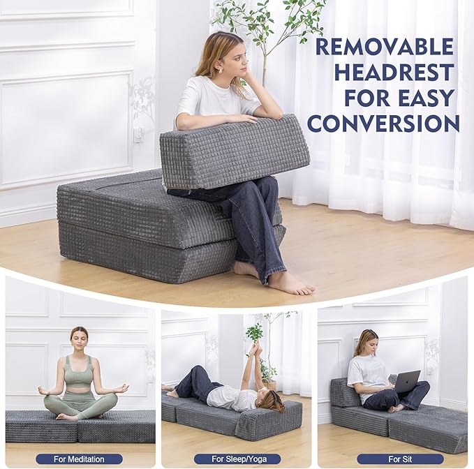 Futon Sofa BedSleeper Chair - Convertible Sectional Sleeper Sofa Floor Bed Mattress for Guest BedRemovable Zippered Back Support Perfect for Living Room and Bedroom (Gray)