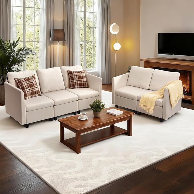 VEVOR Modular Sectional Sofa Modern 5-Seater Modular Sofa with Hidden Storage Customizable Cloud Sectional Couch Solid Wood Frame Upholstered Comfy Couch for Living Room Bedroom Beige