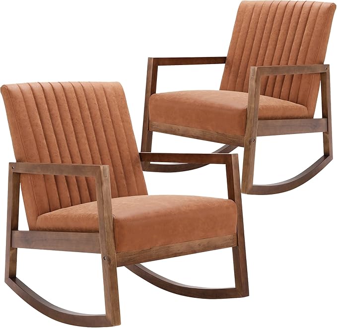 Set of 2 Mid Century Rocking Chair Nursing Chair with Wood Frames Faux Leather Upholstered Farmhouse Living Room Chair for Living Room Bedroom Burnt Orange