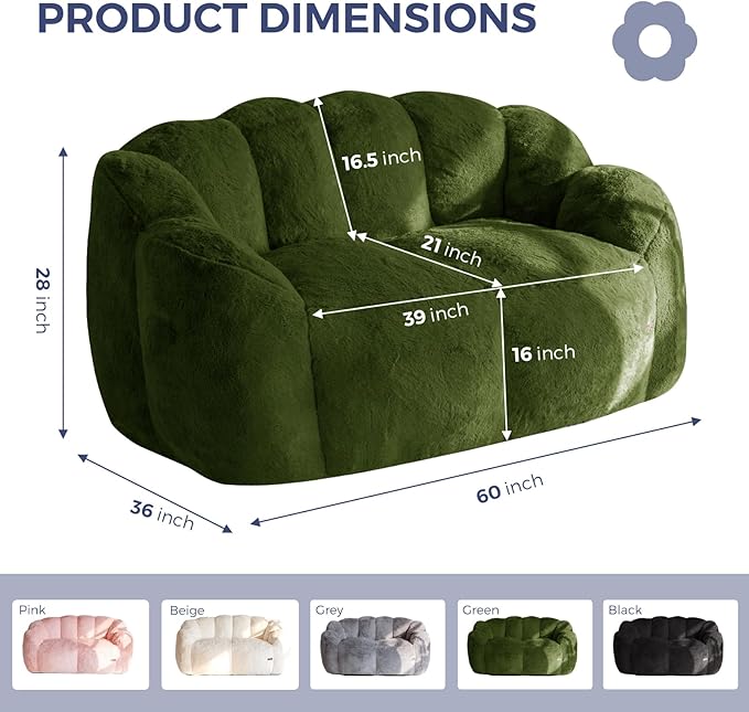MAXYOYO Bean Bag Chair for Adults Loveseat Floral Shaped Bean Bag Sofa Ultra Soft Love Seat Mini Sofa Couch Faux Fur Reading Chair for Living Room Bedroom Green