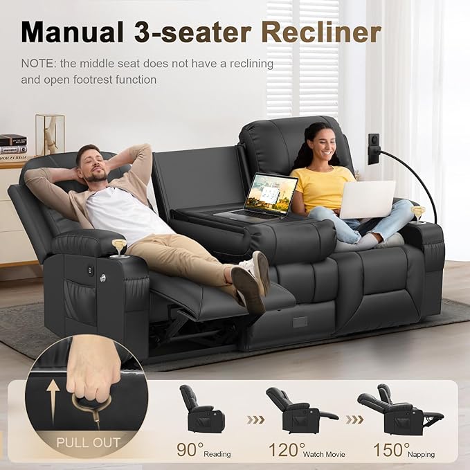 YONISEE 3 Seat Recliner Sofa with Flip Backrest Design Loveseat Reclining Sofa with Storage Drawer USB Ports 2 Cell Phone Holder Loveseat Recliner Couch for Living Room