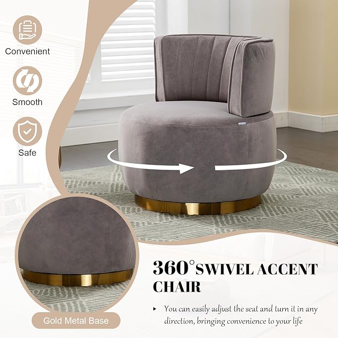 360 Degree Swivel Accent Chair Comfy Round Swivel Barrel Chair with Mental Base Upholstered Cozy Reading Armchairs Modern Lounge Sofa Chairs for Living Room Bedroom Club Office(Velvet Gray)