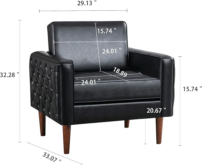 BFZ Modern Button Tufted Armchair with Wood Legs PU Faux Leather Accent Chair Comfy Upholstered Single Sofa Lounge Chair Club Chair for Reading Living Room Bedroom