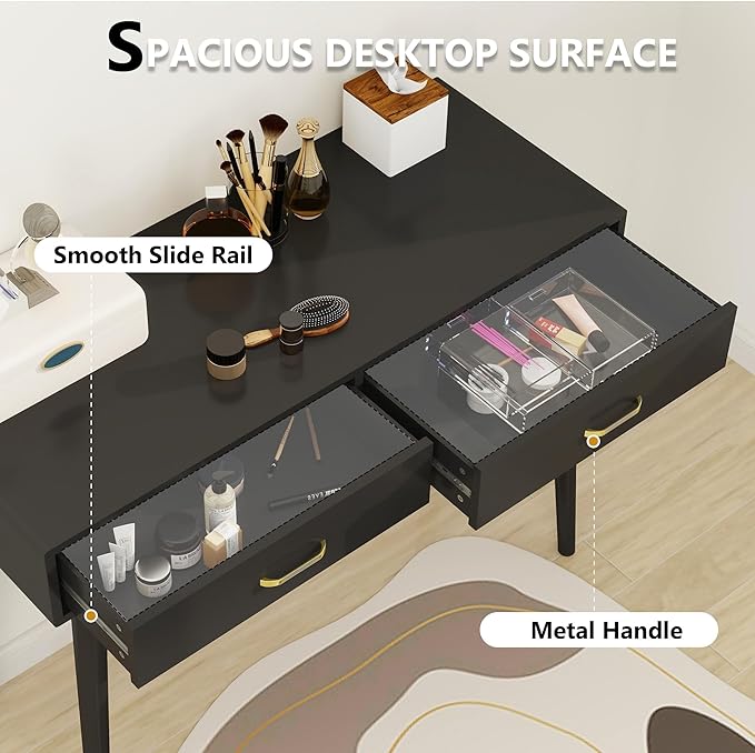 Black Small Writing Desk with Drawers 40 Inch Writing Desk for Home Office Vanity Desk with Solid Wood Leg for Small Spaces