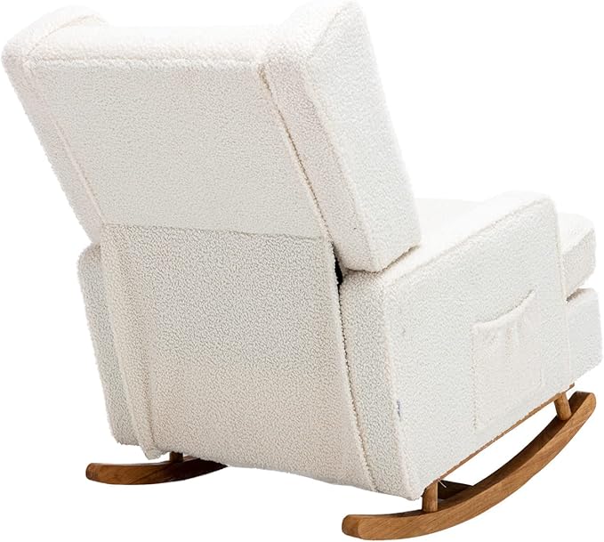 QQU Rocking Chair with Arms Leisure Teddy Fabric Chair IndoorComfy High Back Chair with Solid Wood Base Side Pocket for Living RoomBedroomOffice (White)
