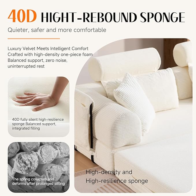 Upgrade Sofa Bed Convertible Boneless Couch for Small Spaces with High Backrest Design Fixed-Shape Frame &amp Removable Armrests and Backrest 2 Corduroy Pillow No Assembly Beige